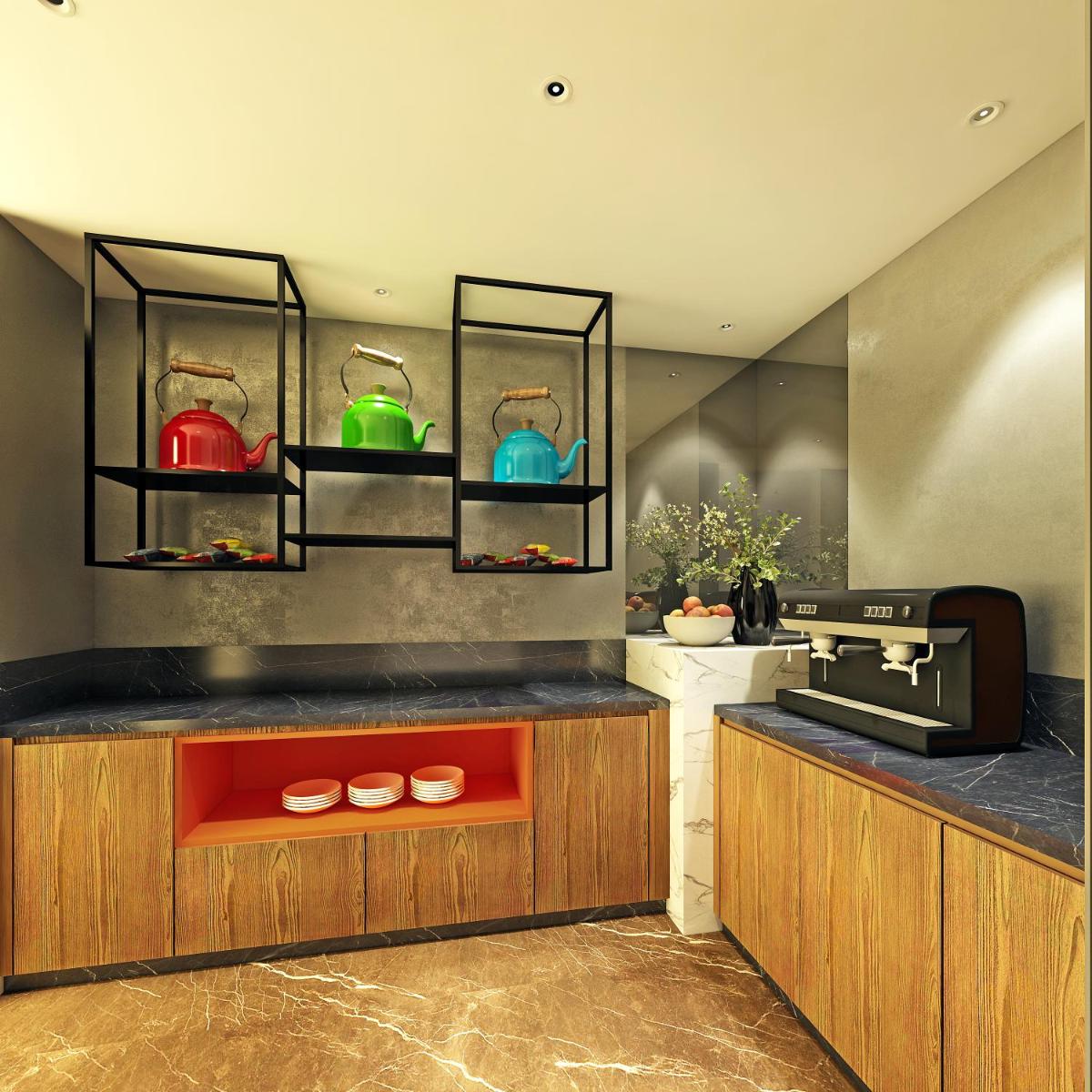 a kitchen with a counter with bowls and a stove at Hyatt Centric Hebbal Bengaluru in Bengaluru