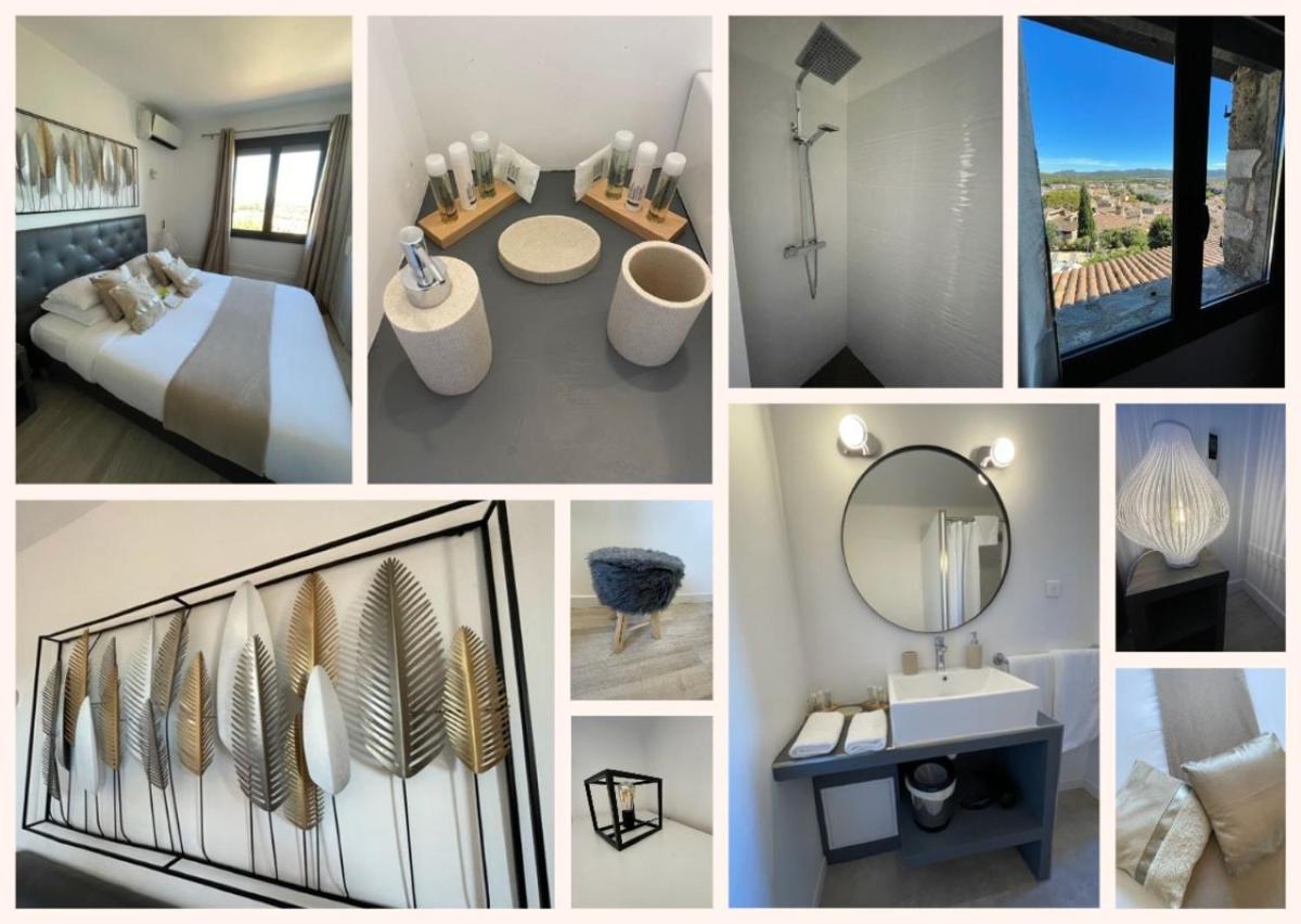 un collage de photos d'une chambre et d'une salle de bains dans l'établissement Le Château d'Argens, aux Arcs-sur-Argens