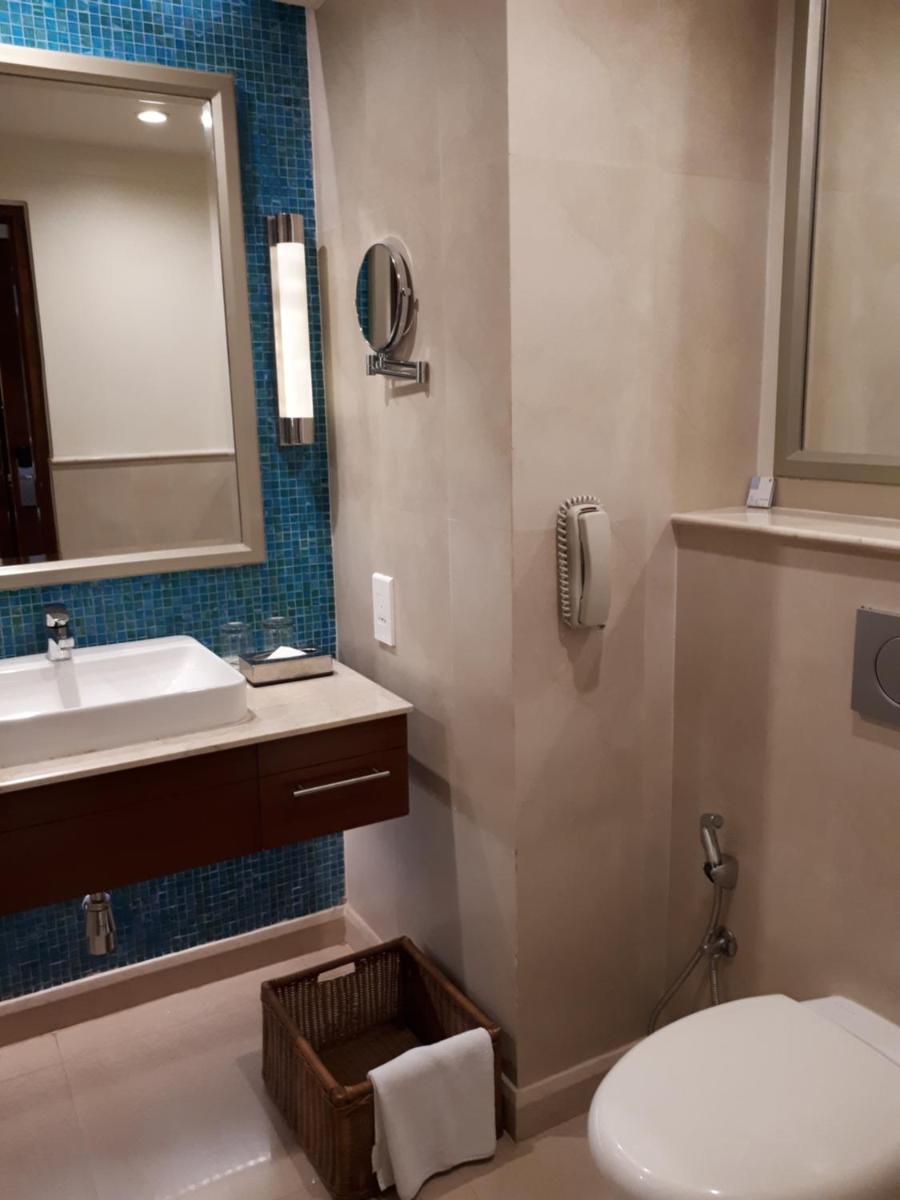 a bathroom with a sink and a toilet and a mirror at Fortune Miramar, Goa - Member ITC Hotels' Group in Panaji a bathroom with a sink and a toilet and a mirror at Fortune Miramar, Goa - Member ITC Hotels' Group in Panaji