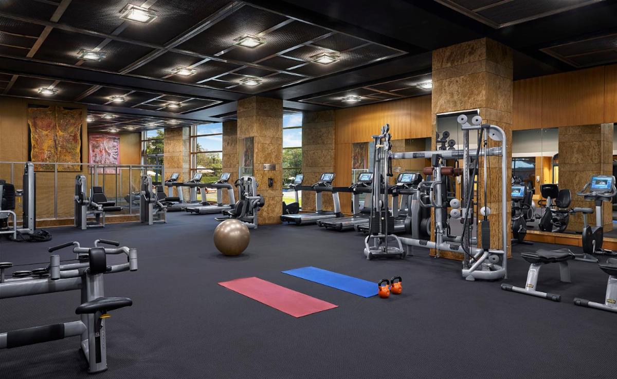a gym with a lot of equipment in a room at Grand Hyatt Mumbai Hotel and Residences in Mumbai
