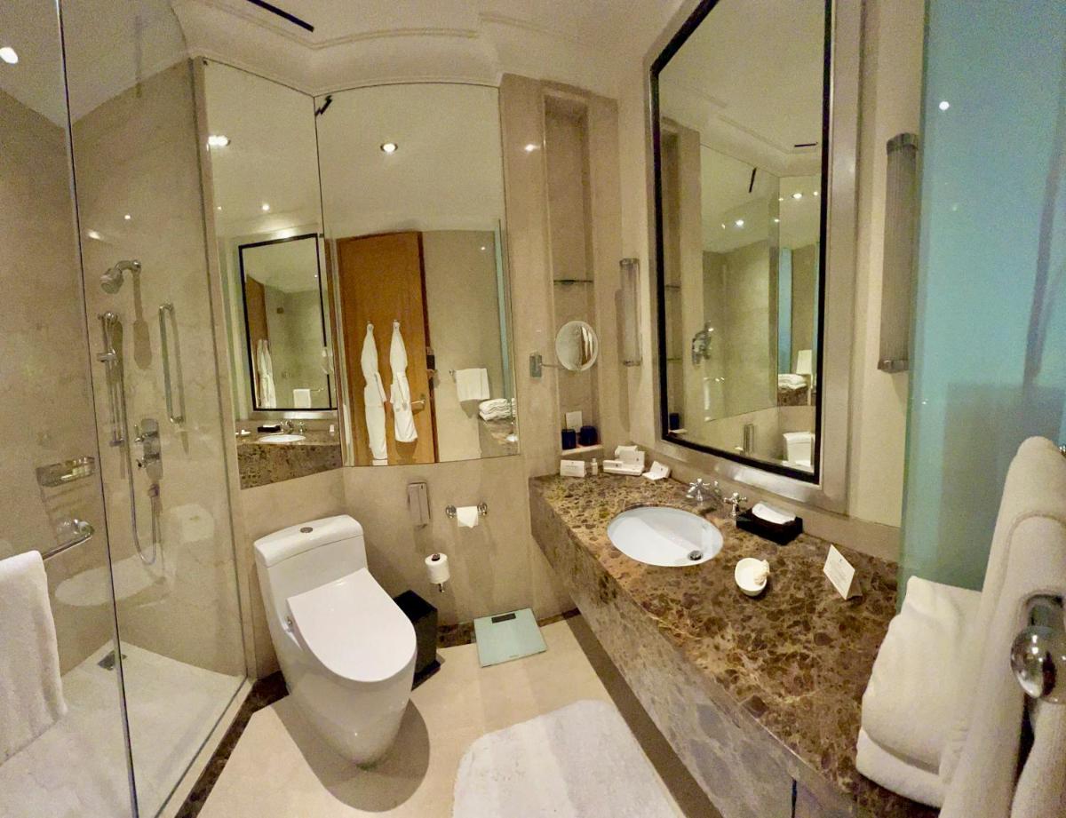 a bathroom with a toilet and a sink and a mirror at Trident Gurgaon in Gurgaon