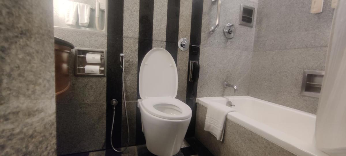 a bathroom with a white toilet and a sink at Hotel Marine Plaza in Mumbai