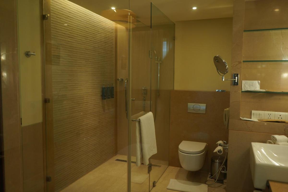 a bathroom with a shower and a toilet and a sink at DoubleTree by Hilton Agra in Agra
