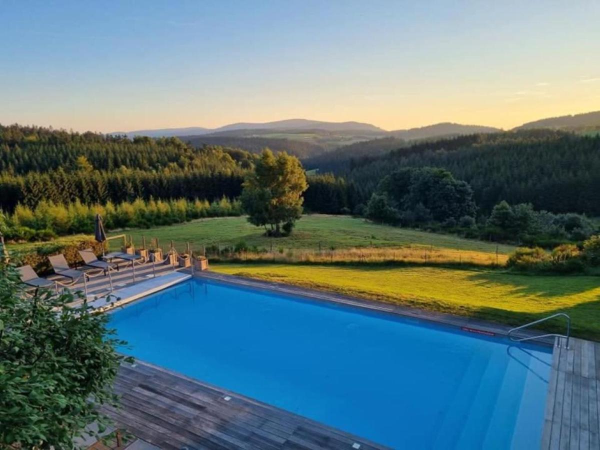 une piscine avec vue sur une montagne dans l'établissement Hob Fort du Pré, à Saint-Bonnet-le-Froid