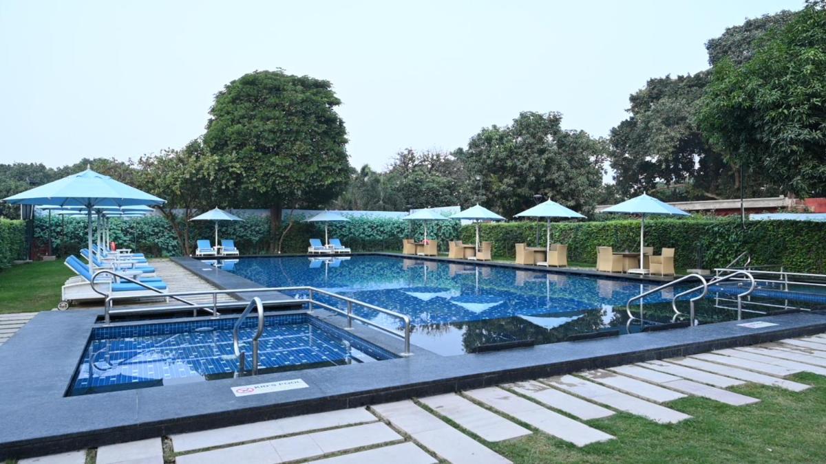 a large swimming pool with chairs and umbrellas at Taj Ganges Varanasi in Varanasi