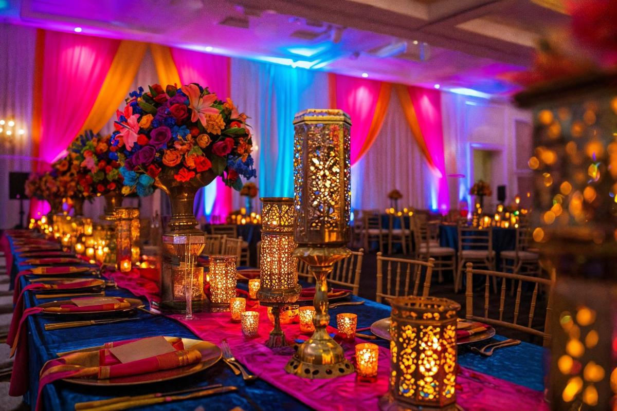a long table in a room with lights and candles at Renaissance Ahmedabad Hotel in Ahmedabad