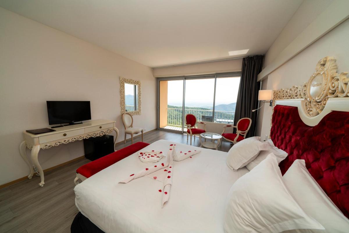 une chambre d'hôtel avec un grand lit et une télévision dans l'établissement Alexain Hotel Restaurant & Wellness - Colmar Ouest, à Trois-Épis