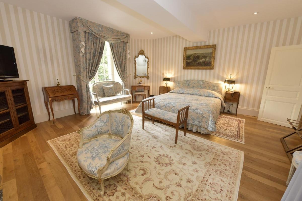 - une chambre avec un lit, une chaise et une télévision dans l'établissement Château de Vault de Lugny, à Vault-de-Lugny