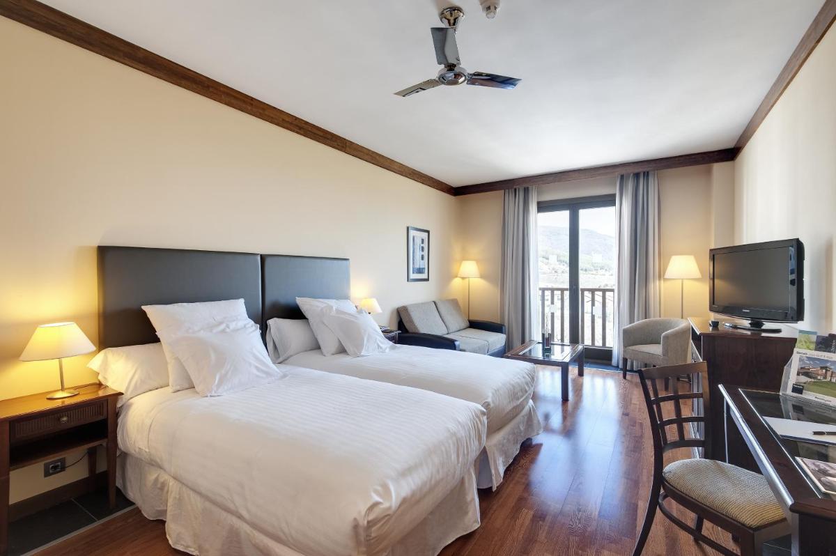 Una habitación de hotel con una cama grande y un televisor. en Hotel & Spa Real Badaguás Jaca, en Badaguás