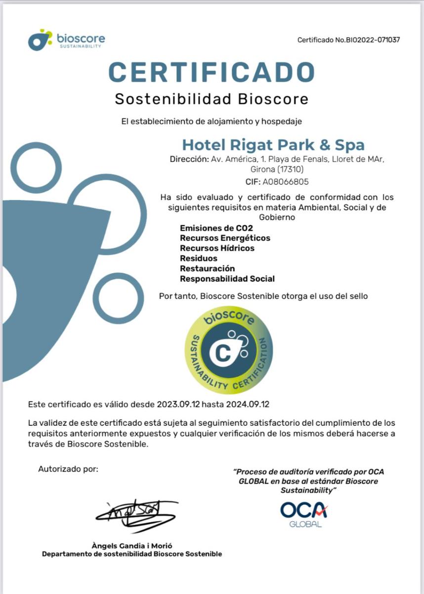 Certificado, premio, señal o documento que está expuesto en Rigat Park & Spa Hotel - Adults Recommended