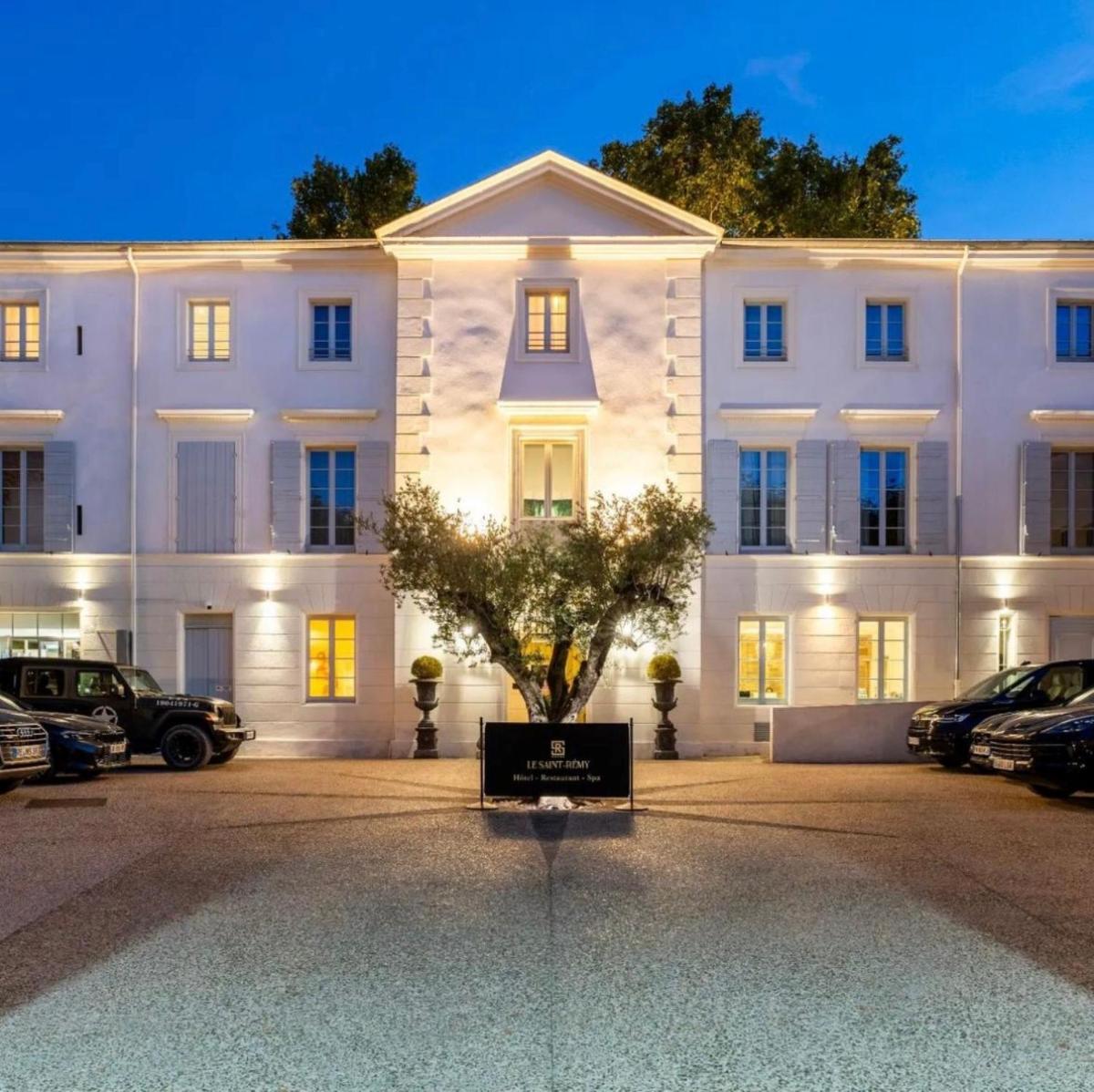un grand bâtiment blanc avec un arbre devant dans l'établissement Hôtel Le Saint Remy & Spa, à Saint-Rémy-de-Provence