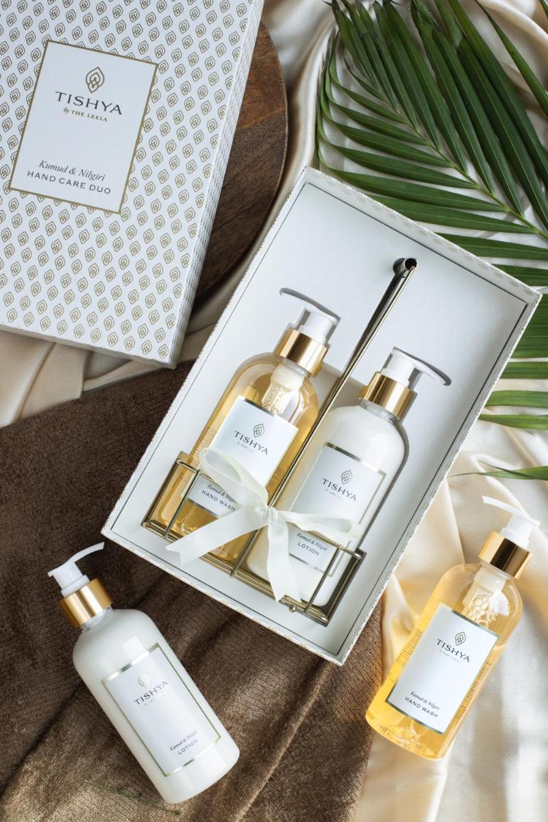 a set of three bottles of soap in a box at The Leela Palace Chennai in Chennai a set of three bottles of soap in a box at The Leela Palace Chennai in Chennai