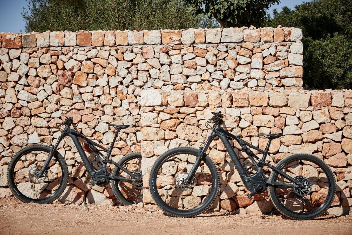 Dos bicicletas estacionadas junto a un muro de piedra en CAP Menorca Relais & Chateaux, en Son Bou