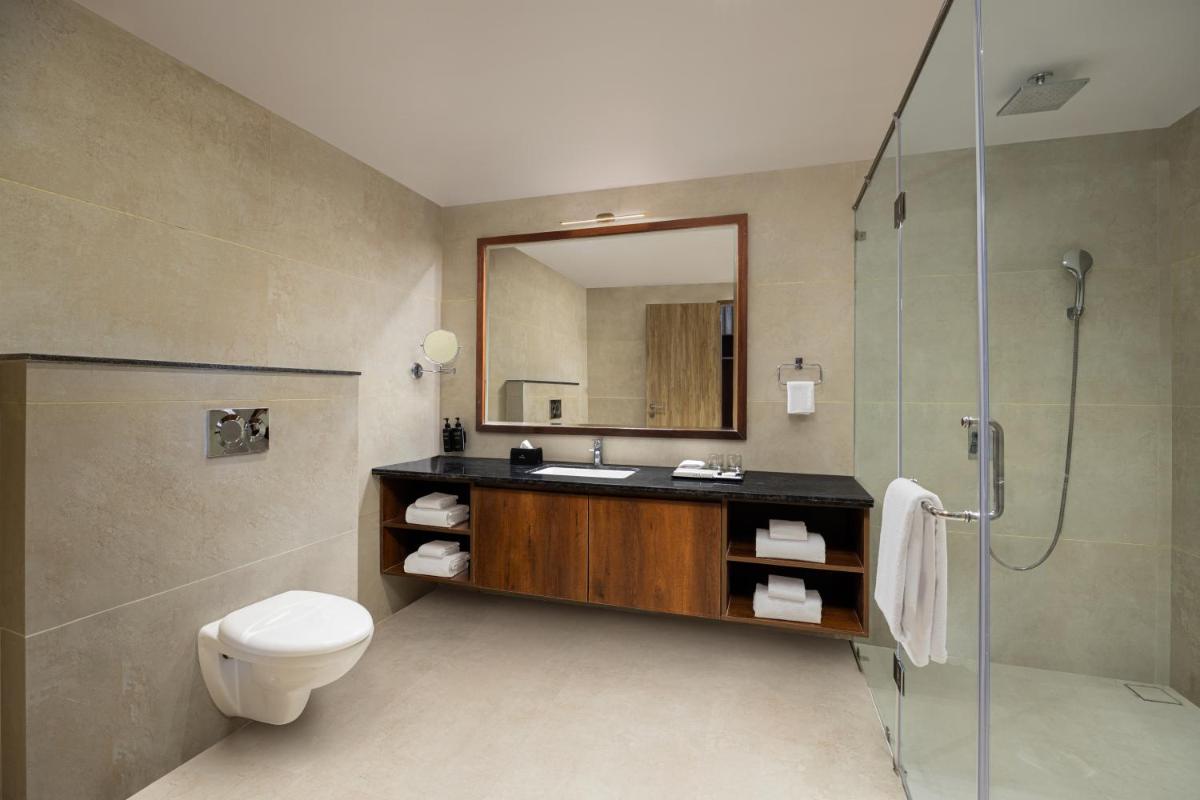 a bathroom with a toilet and a sink and a shower at Essentia Luxury Resort & Spa Udaipur in Udaipur