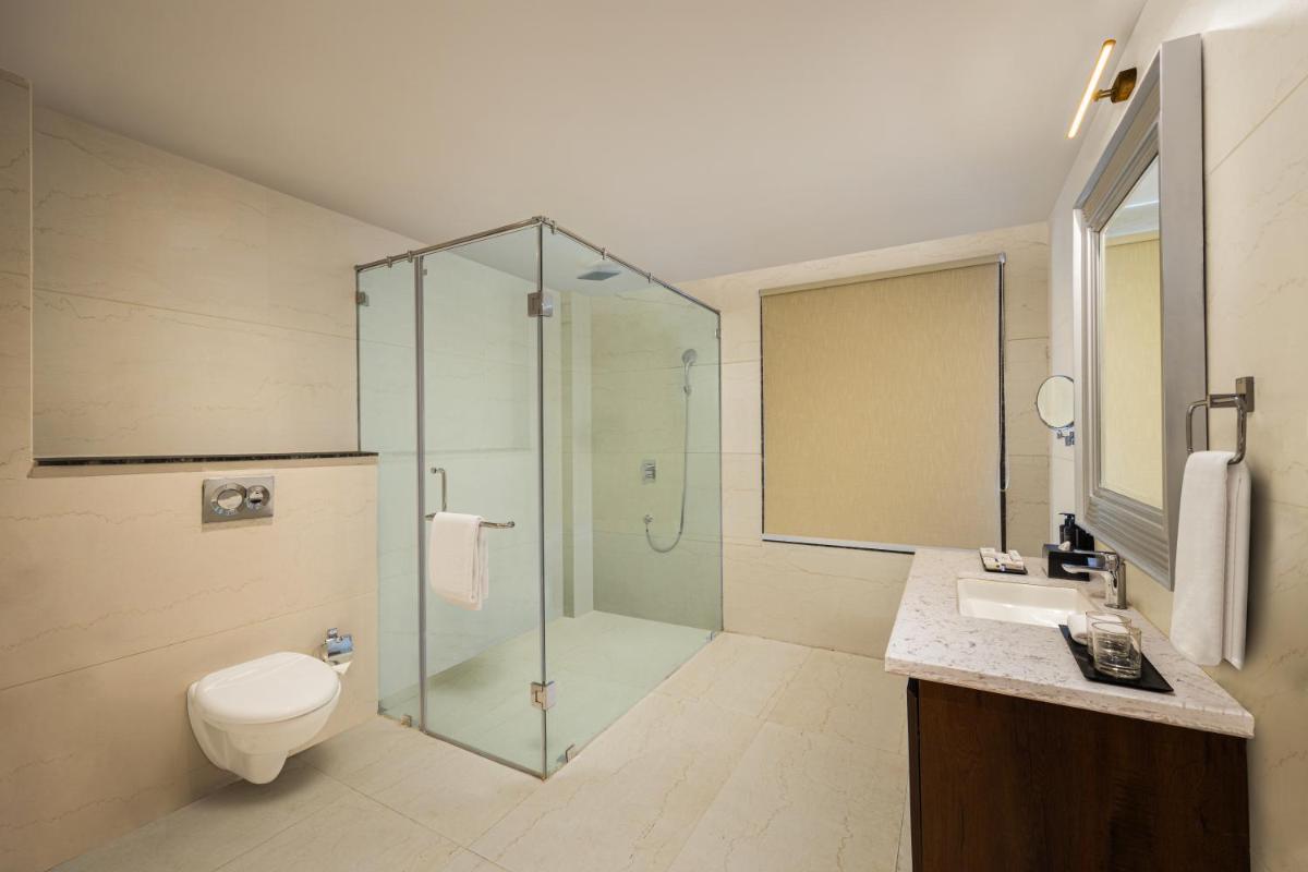 a bathroom with a shower and a toilet and a sink at Essentia Luxury Resort & Spa Udaipur in Udaipur