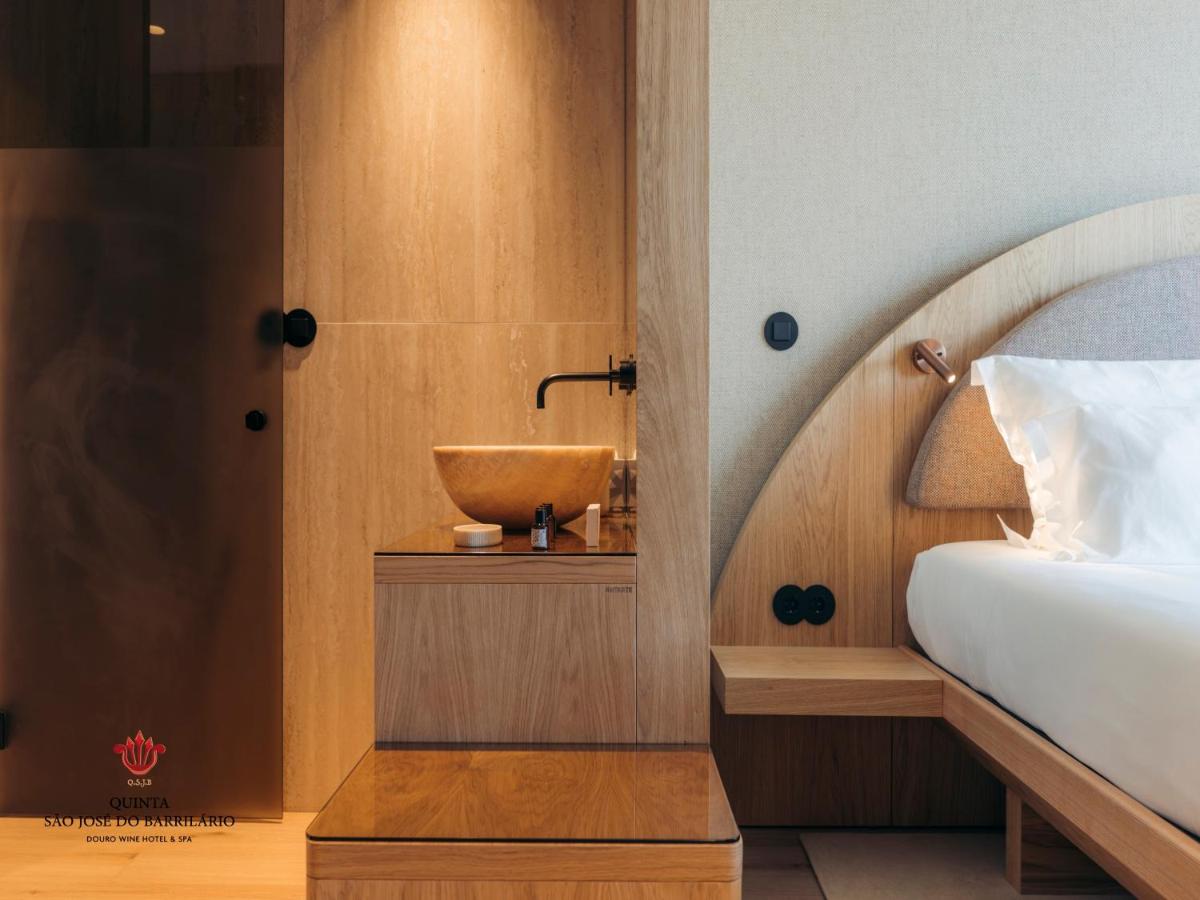 um quarto de hotel com uma cama e uma pia em Barrilario Douro Wine Hotel e Spa - Quinta São Jose do Barrilario em Armamar um quarto de hotel com uma cama e uma pia em Barrilario Douro Wine Hotel e Spa - Quinta São Jose do Barrilario em Armamar