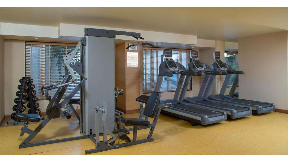 a gym with several tread machines in a room at Radisson Blu Hotel Ahmedabad in Ahmedabad