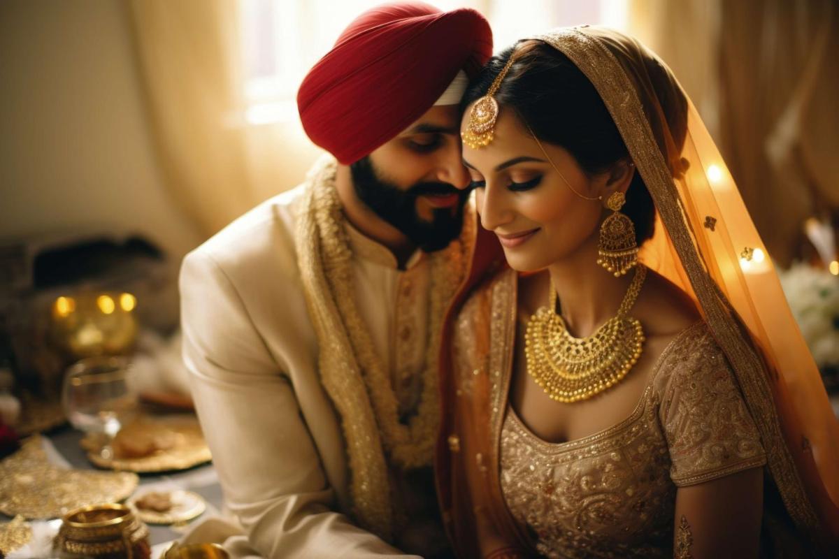 a bride and groom sitting next to each other at Radisson Blu Hotel Amritsar in Amritsar