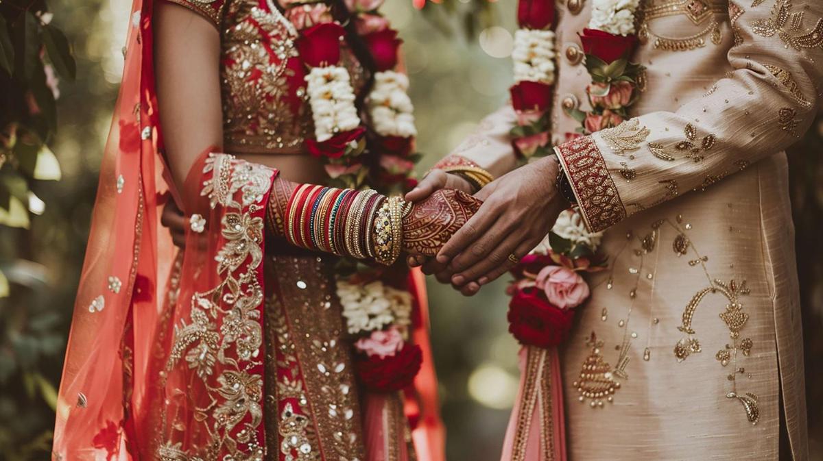 a bride and groom holding hands in their wedding outfits at Radisson Blu Hotel Amritsar in Amritsar