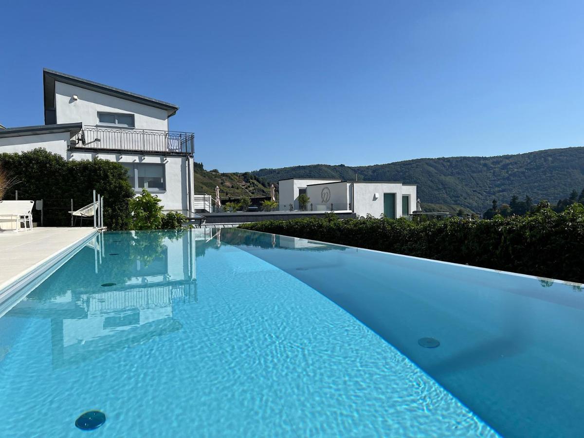 ein großer blauer Swimmingpool vor einem Haus in der Unterkunft Weingut-Aparthotel Olinger in Mehring