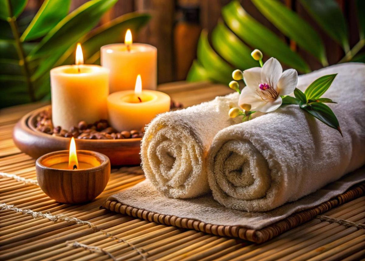 a wooden table with towels and candles and flowers at Radisson Blu Hotel Amritsar in Amritsar