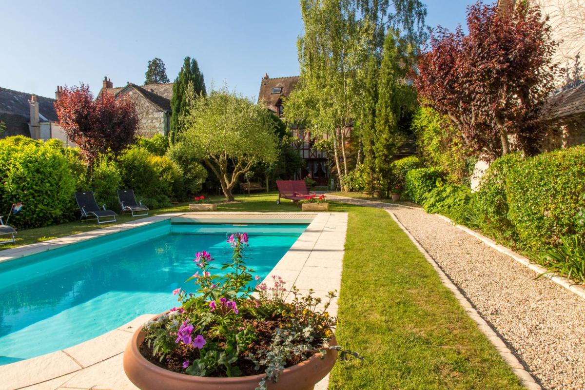 - une piscine dans une cour ornée de fleurs et de plantes dans l'établissement Hôtel Spa - Au Charme Rabelaisien, à Amboise
