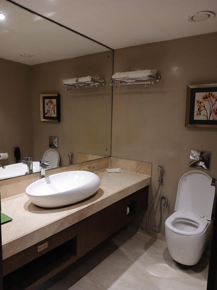 a bathroom with a sink and a toilet and a mirror at Holiday Inn Kolkata Airport by IHG in Kolkata