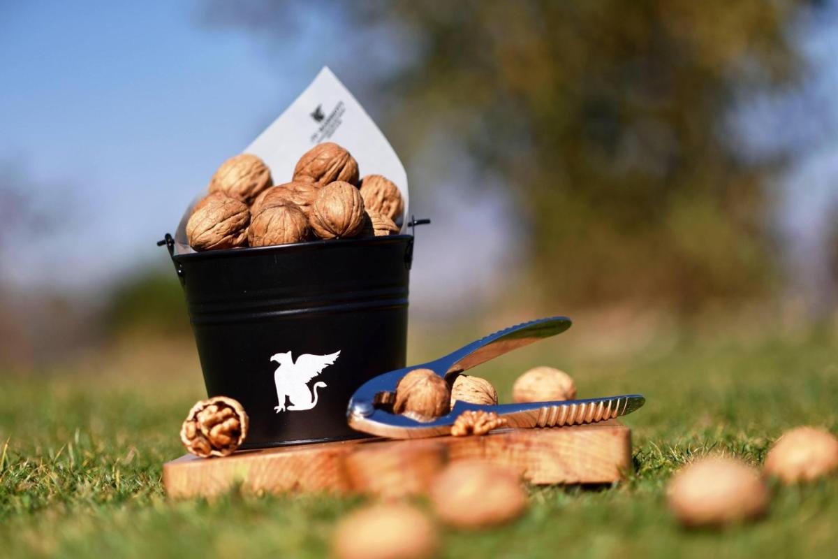 a black bucket of nuts on a table in the grass at JW Marriott Mussoorie Walnut Grove Resort & Spa in Mussoorie