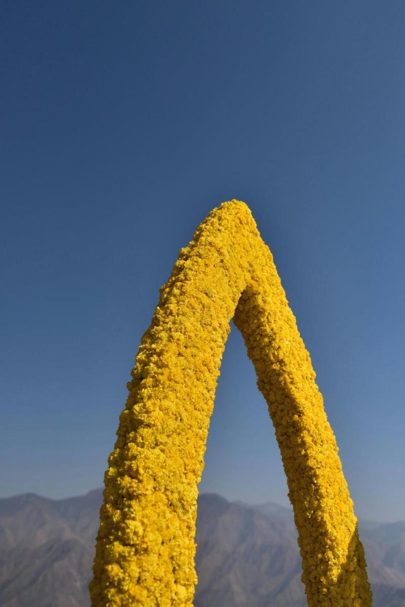 an arch of yellow flowers with mountains in the background at JW Marriott Mussoorie Walnut Grove Resort & Spa in Mussoorie