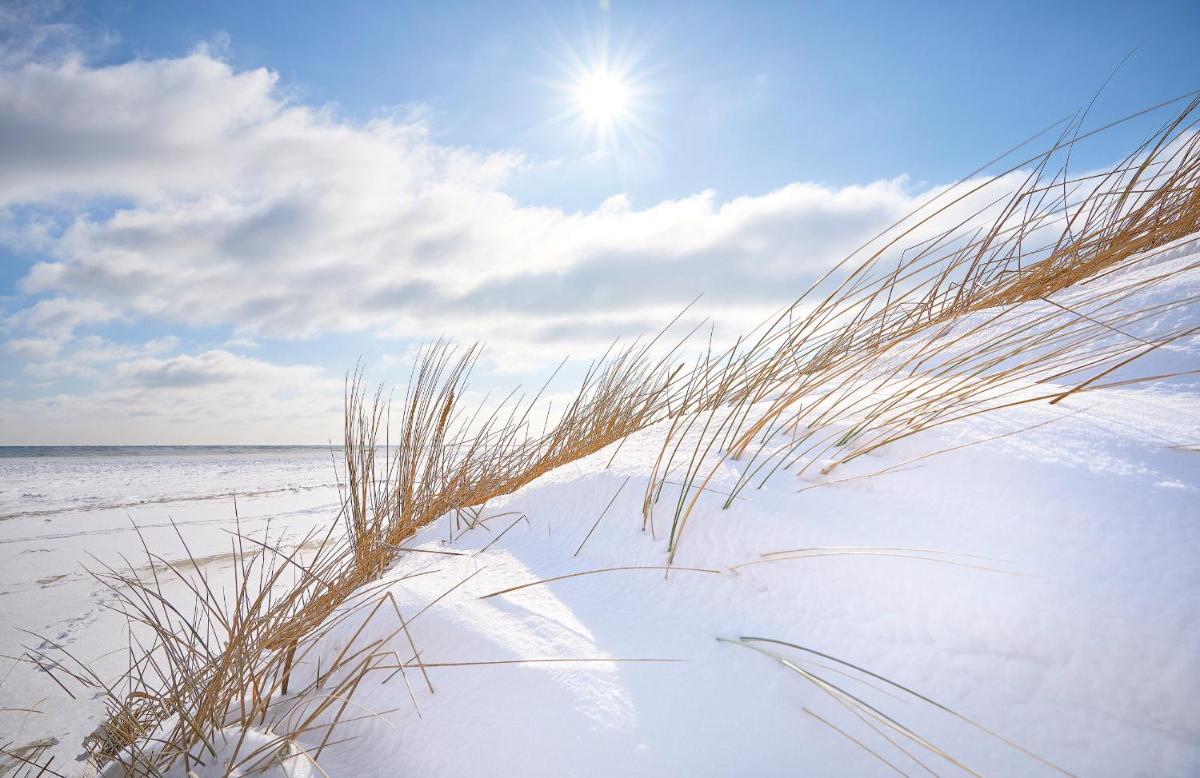 ein Strand mit Gras im Sand und der Sonne in der Unterkunft ROEWERS Privathotel & Spa in Ostseebad Sellin