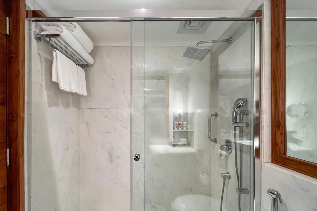 a bathroom with a shower and a sink at ITC Mughal, A Luxury Collection Resort & Spa, Agra in Agra