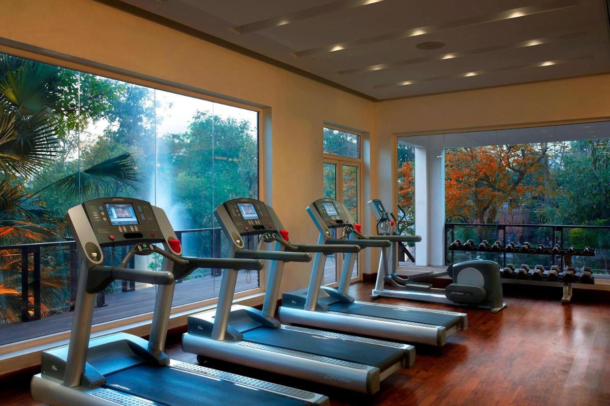 a gym with a row of tread machines in front of a large window at ITC Mughal, A Luxury Collection Resort & Spa, Agra in Agra