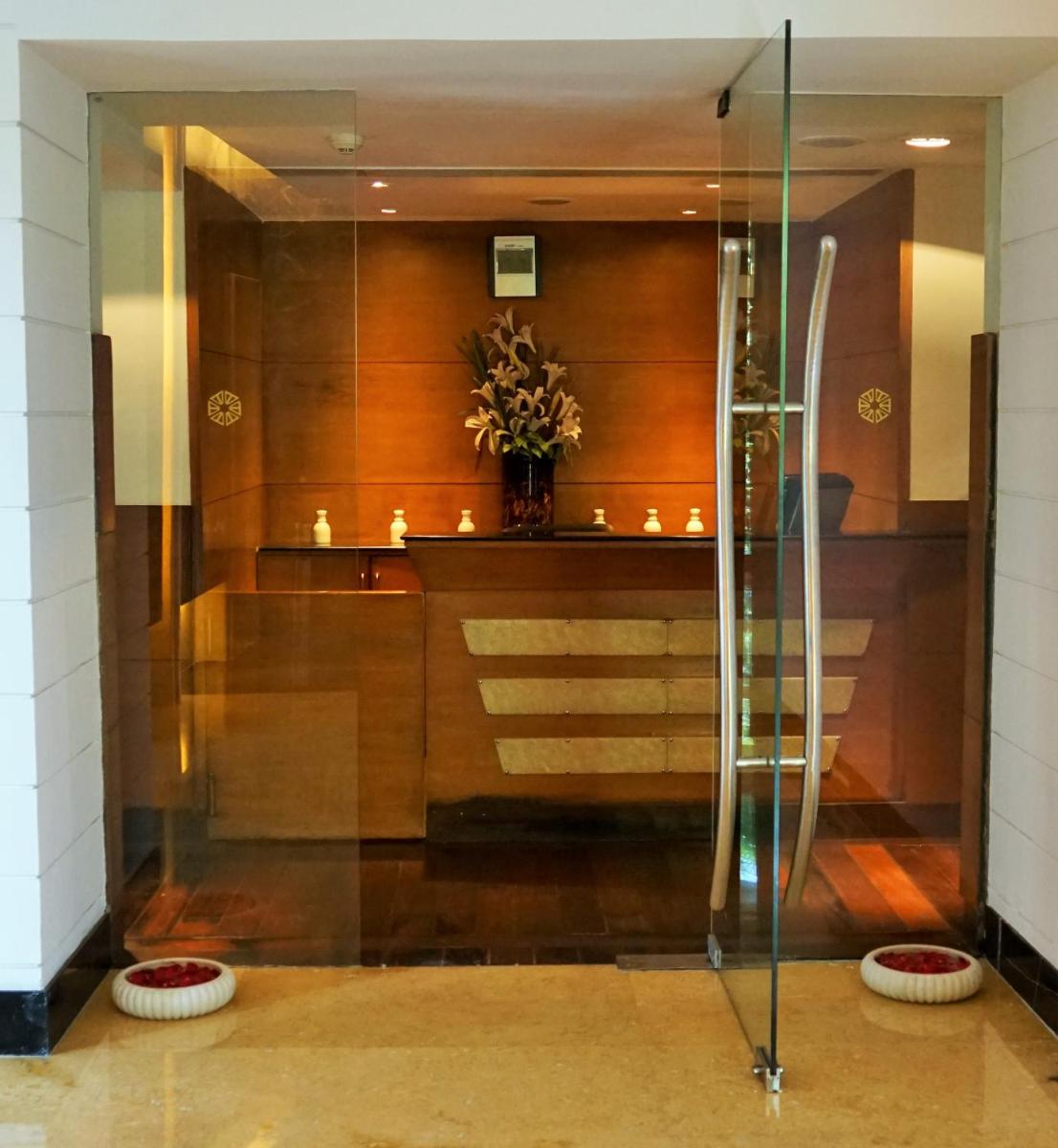 a bathroom with a shower in a building at Taj Chandigarh in Chandīgarh