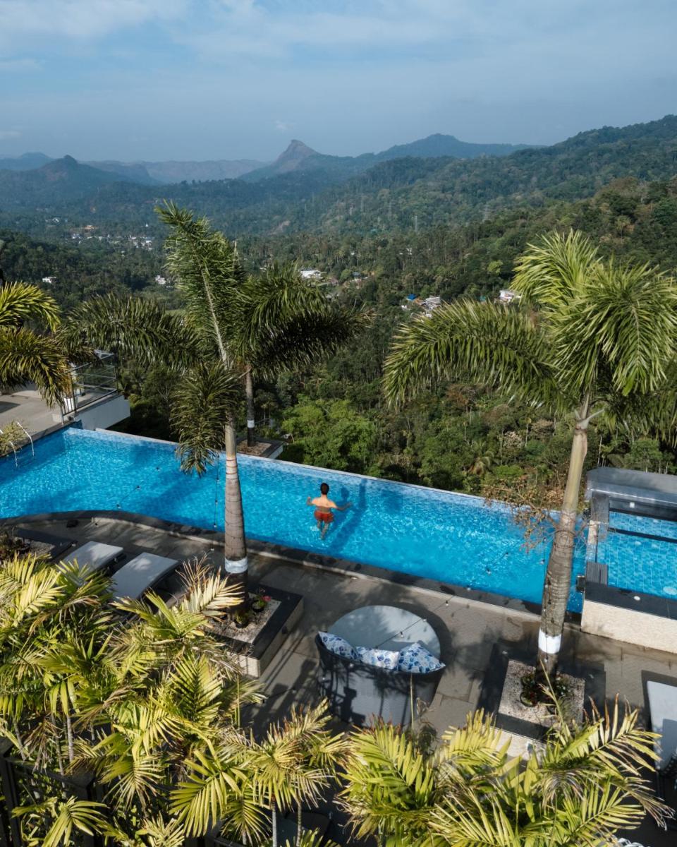 a pool at a resort with palm trees at The Panoramic Getaway in Munnar