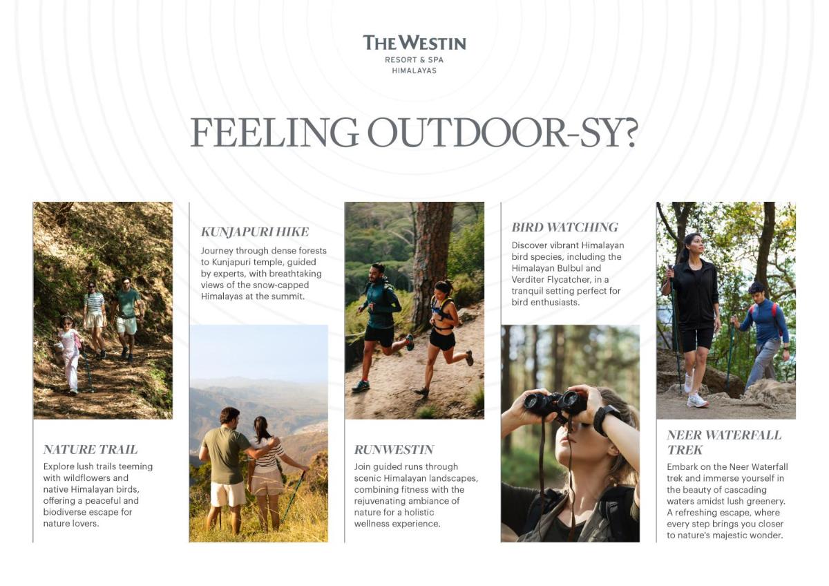 a collage of photos of people running on a trail at The Westin Resort & Spa Himalayas in Rishīkesh