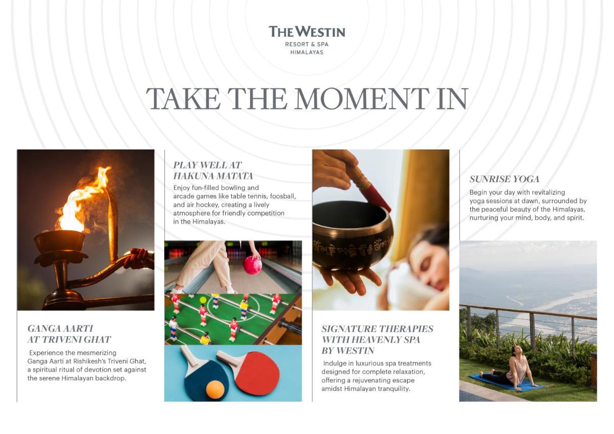 a collage of photos of a woman doing yoga at The Westin Resort & Spa Himalayas in Rishīkesh