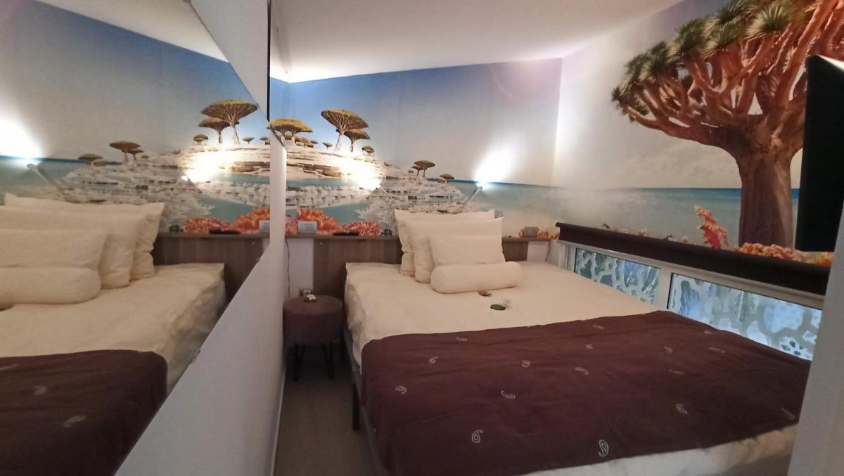 2 camas en una habitación con un mural de un crucero en Birdcage Gay Men Resort and Lifestyle Hotel, en Playa del Inglés