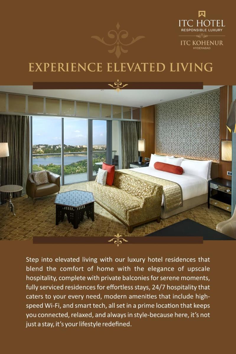 an advertisement for an experience elevated living room with our luxury hotel residence at ITC Kohenur, a Luxury Collection Hotel, Hyderabad in Hyderabad