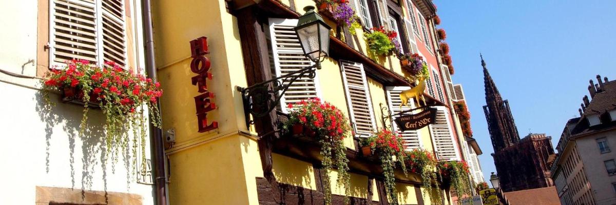 un bâtiment avec des boîtes de fleurs sur son côté dans l'établissement Logis Hôtel Restaurant Au Cerf d'Or, à Strasbourg