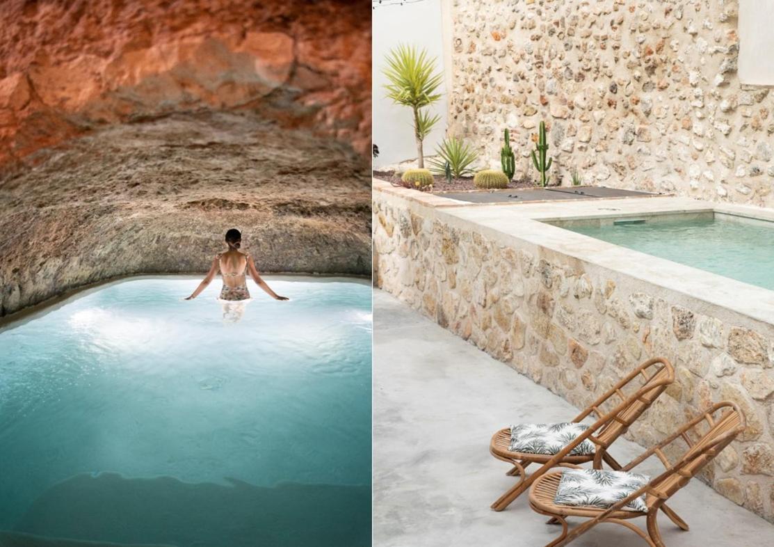 Dos fotografías de una mujer en una piscina y una silla. en El Bálsamo - Hotel Rural 5 Estrellas, en Belmonte