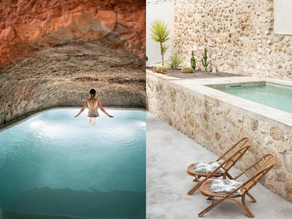 Un hombre en una piscina y una silla en una piscina. en El Bálsamo - Hotel Rural 5 Estrellas, en Belmonte