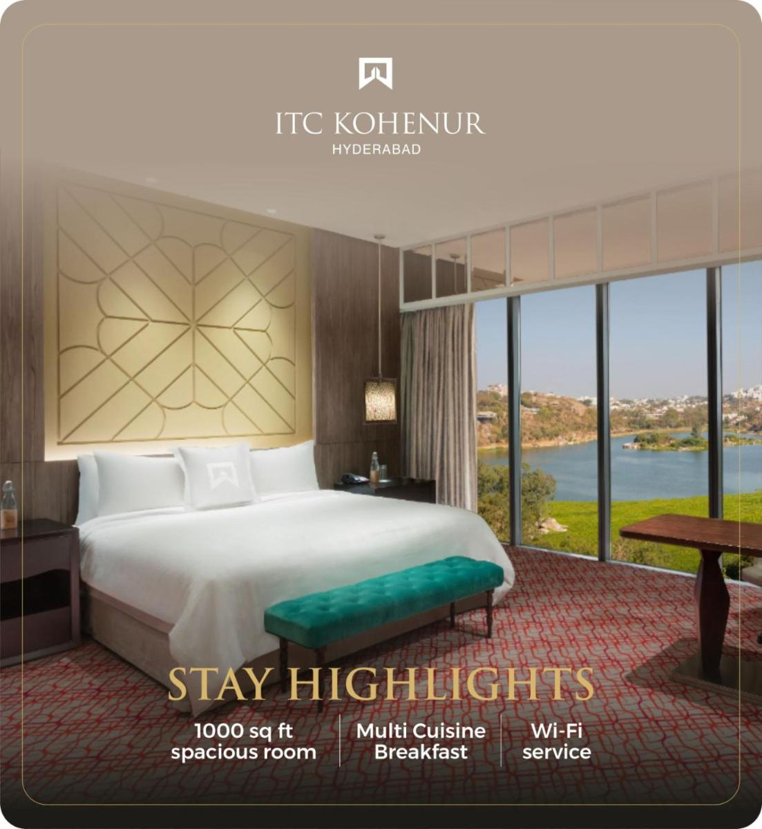 a poster of a hotel room with a bed and windows at ITC Kohenur, a Luxury Collection Hotel, Hyderabad in Hyderabad