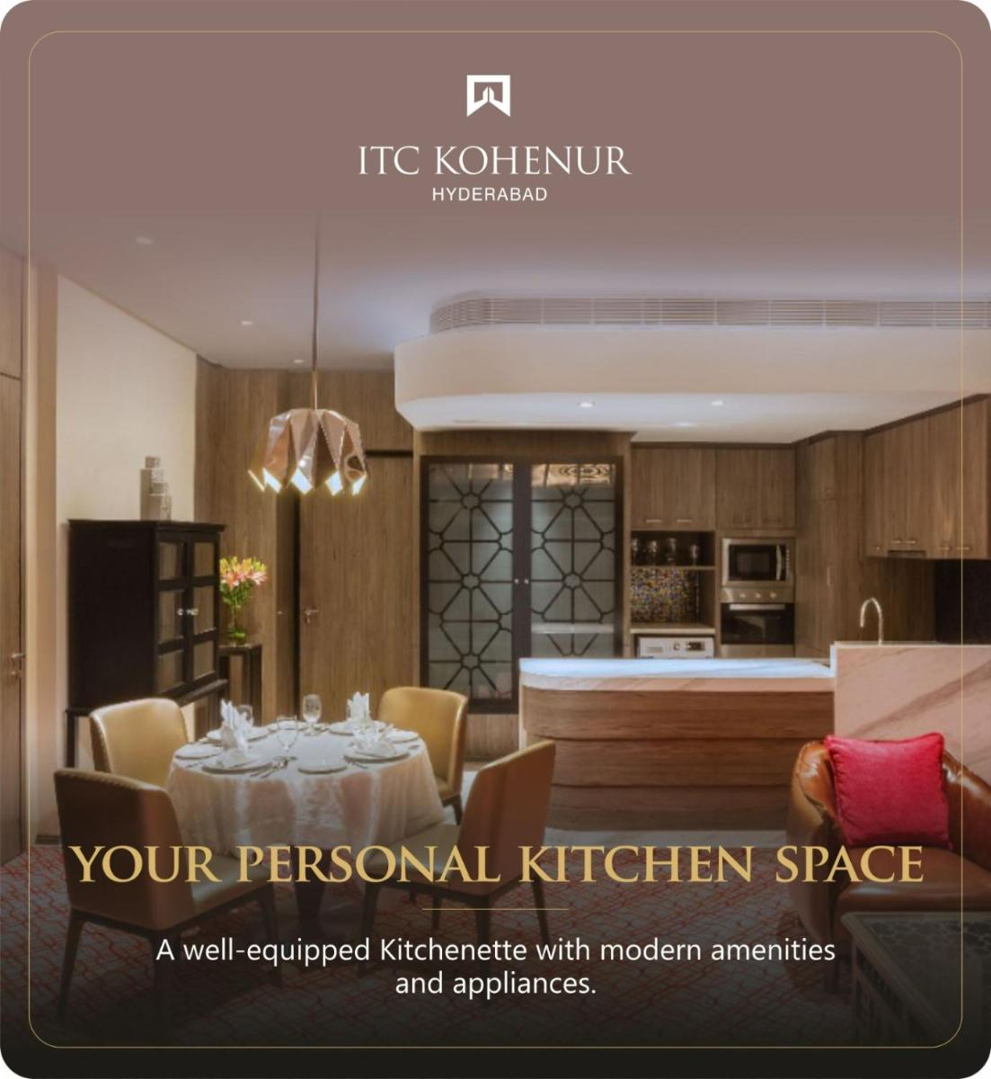 a room with a dining table and a kitchen at ITC Kohenur, a Luxury Collection Hotel, Hyderabad in Hyderabad