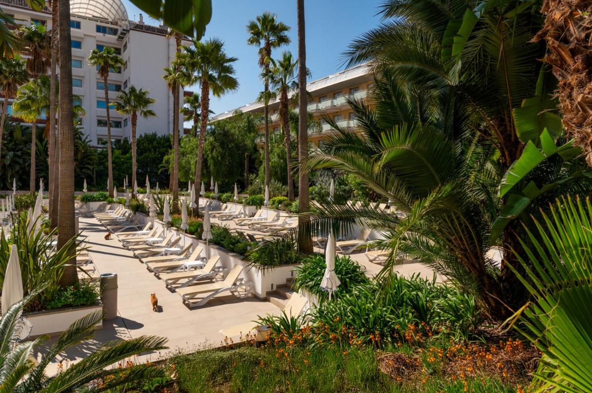 Un patio con palmeras y un edificio. en AQUA Hotel The Breeze & Spa - All Inclusive - Adults Only - 4Sup, en Santa Susanna