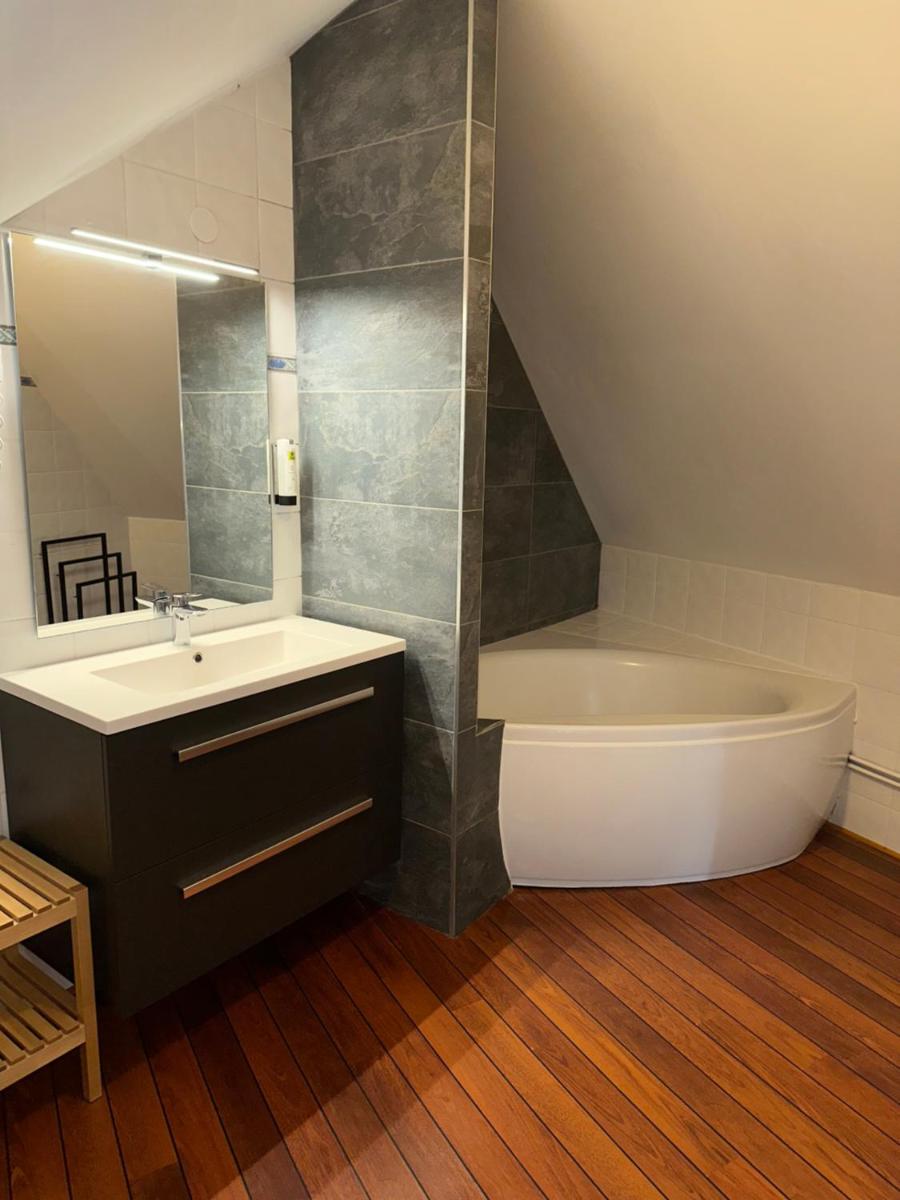 une salle de bain avec un lavabo, une baignoire et un miroir dans l'établissement Logis Hôtel Volcan Sancy, à Nébouzat