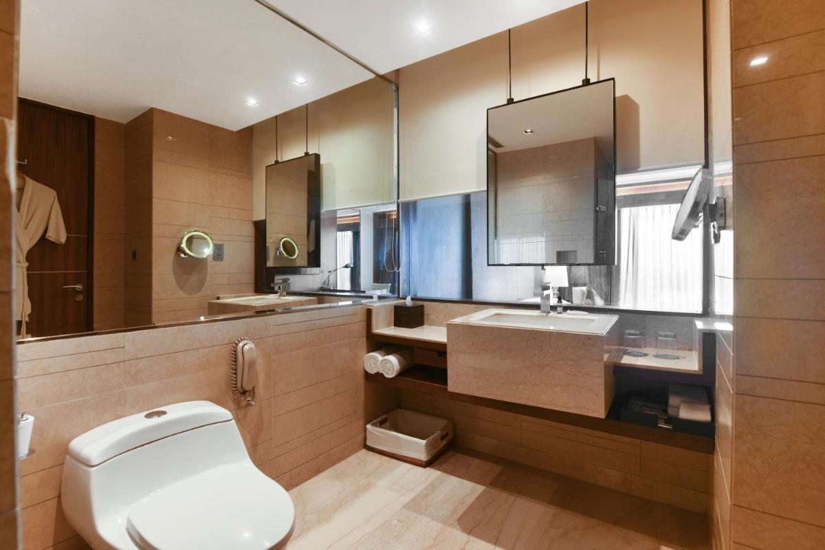 a bathroom with a toilet and a sink and a mirror at Hyatt Ahmedabad in Ahmedabad