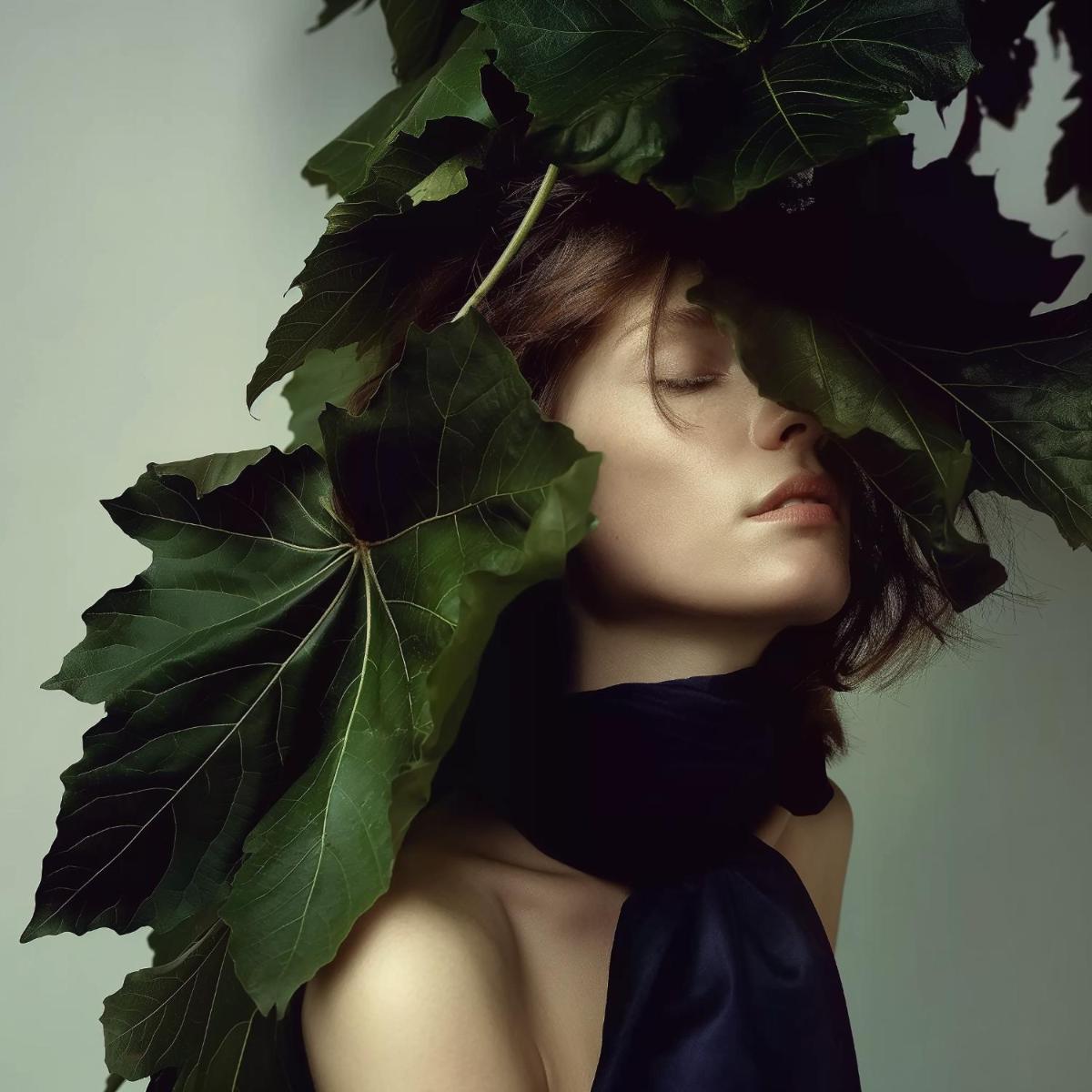 a woman wearing a leaf hat with her eyes closed at Shangri-La Eros New Delhi in New Delhi a woman wearing a leaf hat with her eyes closed at Shangri-La Eros New Delhi in New Delhi