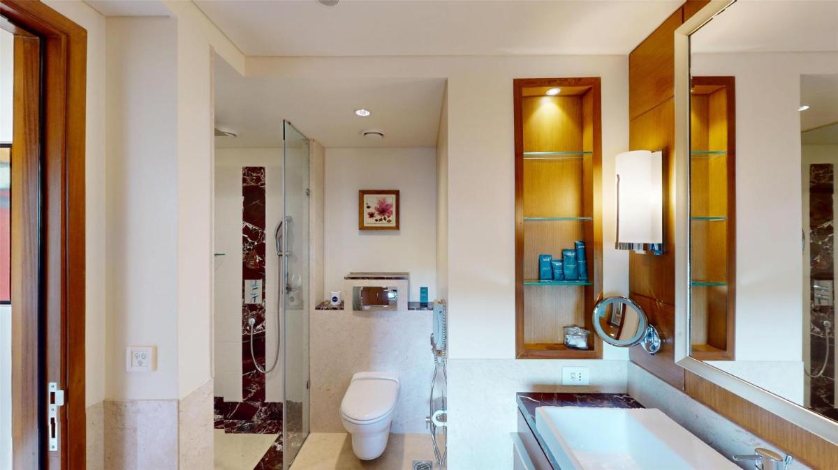 a bathroom with a shower and a sink and a toilet at Radisson Blu Hotel, Nagpur in Nagpur