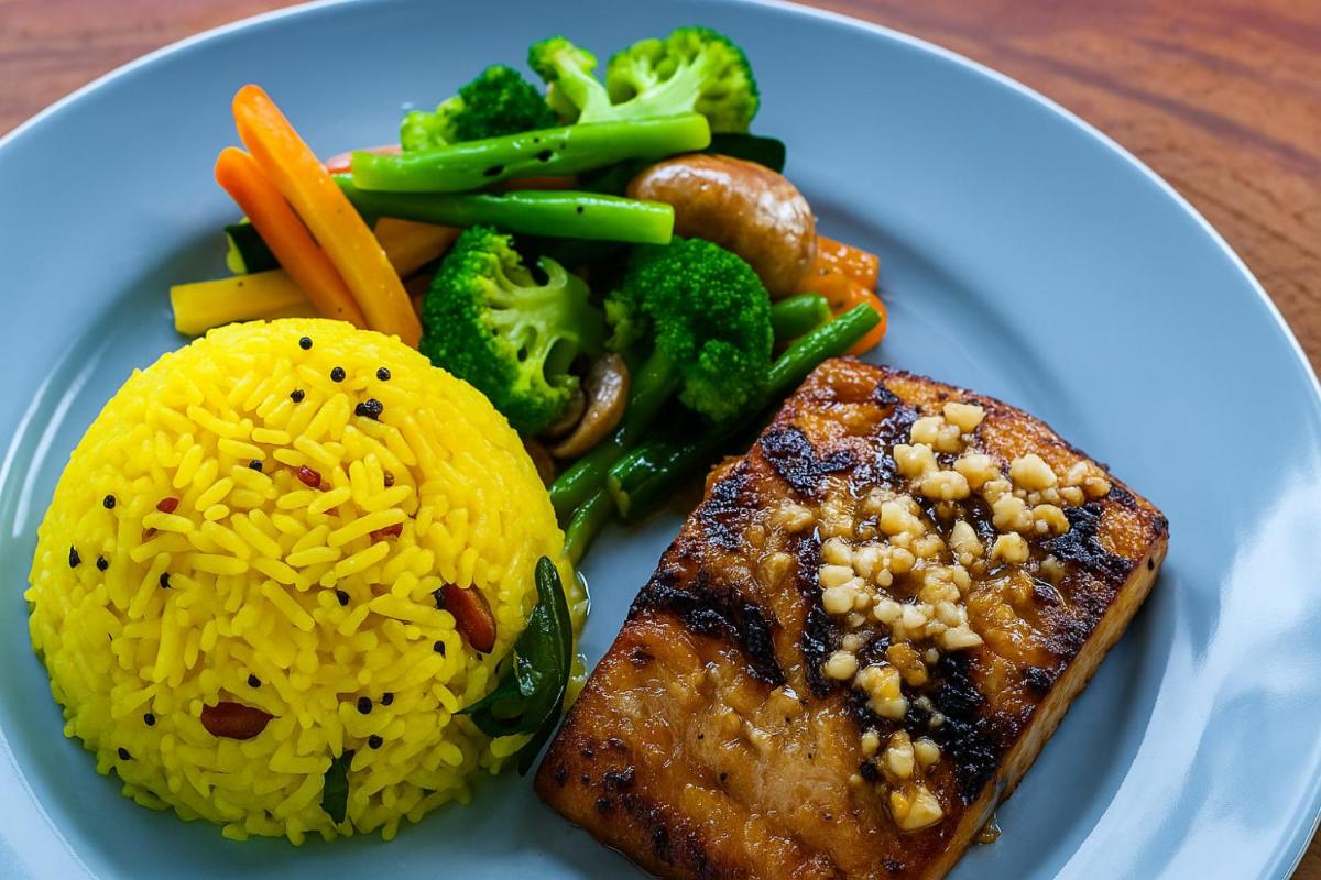 a plate of food with rice and meat and vegetables at The Postcard Saligao in Calangute