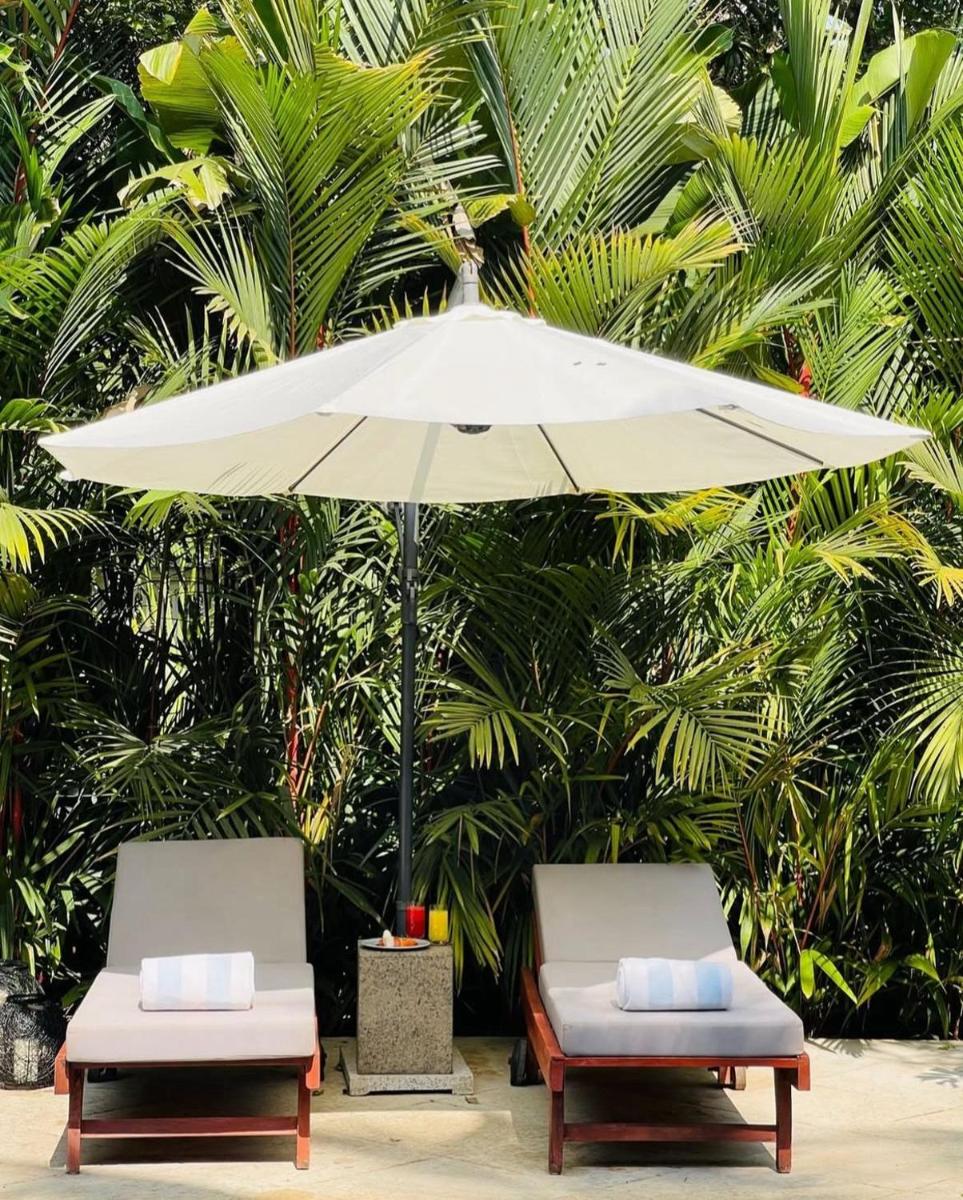 two chairs under an umbrella in front of palm trees at The Postcard Saligao in Calangute